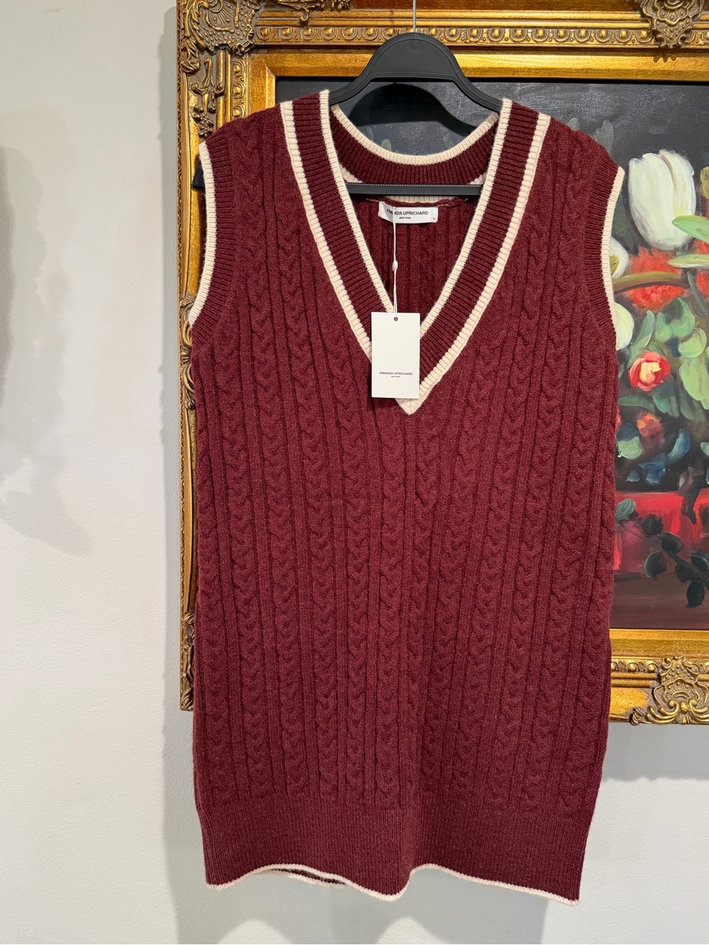 Amanda Uprichard Burgundy Cable Knit V-Neck Sweater Vest Dress with Cream Trim